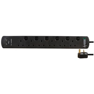 Image of Pro Elec 2m 6 Gang 2 USB Surge Protected Extension Lead, Black