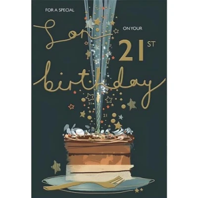 Image of Son 21st Birthday Card Age 21 Cake and Stars Contemporary Design Special Finishes Illustrated Insert Leaf Made in the UK