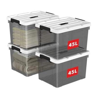 Image of Cetomo 45L*4 Storage Boxes, Carry Plastic Box with Lids, Organizing Container Handle and Secure Latching Buckles, Stackable, Nestable, Tote Bin for Home Clothes, 45L 4Pack, Clear Black