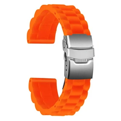 Image of ULLCHRO Silicone Watch Strap Replacement Rubber Band Waterproof Link Pattern 16mm, 18mm, 20mm, 22mm, 24mm Bracelet with Stainless Steel Deployment Buckle (18mm, Orange)