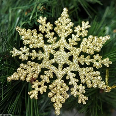 Image of 12 x Gold Glitter Snowflake Shape Hanging Christmas Tree Ornament Window Decoration XMAS Accessories