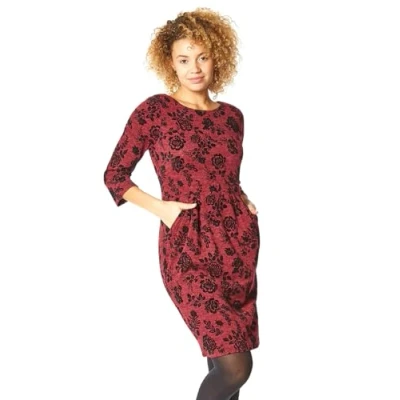 Image of Roman Originals Shift Dress with Pockets for Women UK Ladies Summer Autumn Winter Smart Casual Work Short 3/4 Sleeve Tunic Knee Length Pleated Gathered Waist Tea Loose Wine Red &amp; Black Size 20