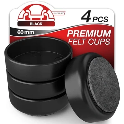 Image of Medipaq Premium Felt Castor Cups for Wooden Floors &amp; Smooth Surfaces 4x Large 60mm diameter Black Chair Leg Floor Protectors Castors Furniture