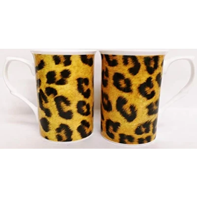 Image of Leopard Brown Mugs Set 2 Fine Bone China Animal Print Cups Hand Decorated UK