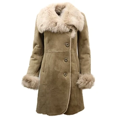 Image of Ladies Warm Beige Suede Merino Sheepskin Coat with Toscana Collar L