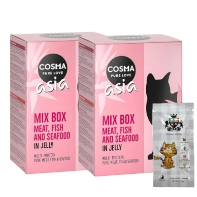 Image of AETN Creations Bundle of Cosma Pure Love Asia Flavours in Jelly Pouches 12x100g with Chicken Cat Treat