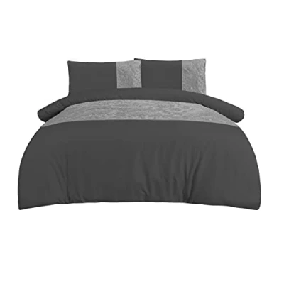 Image of Sleepdown Velvet Cuff Charcoal Grey Panel Band Luxury Soft Cosy Duvet Cover Quilt Bedding Set with Pillowcases Double (200 cm x 200 cm)