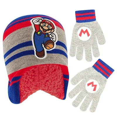 Image of Nintendo Boys&#039; Winter Hat and Kids Gloves Set, Super Mario Beanie for Ages 4 7, Gray/Blue with Fleece, Age