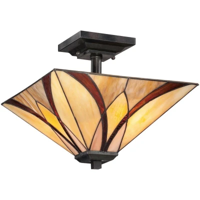 Image of Asheville 2 Light Semi Flush Ceiling Lamp Bronze, Tiffany Glass, E27