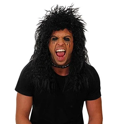 Image of Fun Shack 80s Mullet Wig Men, Long Black Rock Wig, Rocker Wigs for One Size