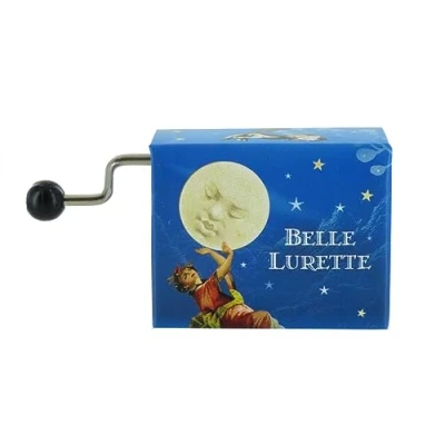 Image of Hand cranked musical box/music box in Illustrated cardboard with openworked upper face and 18 note mechanism Au clair de la lune (traditional).