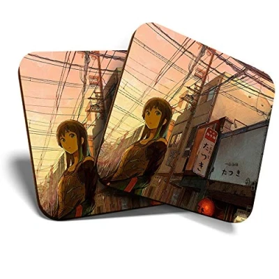 Image of 2 x Square Coasters Japanese Anime Girl Cartoon Japan Cork Backed Home Kitchen Accessory Tea Coffee Mug Mat #45429