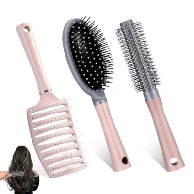 Image of Hair Brush, 3 Piece Hairbrush, round Brush curly Wet for Women, Men, Children, Detangle and Dry (Pink three)