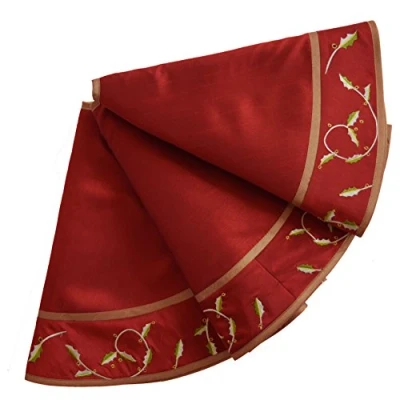Image of SORRENTO 36&quot; Faux Silk Holly Leaves Embroidery Border Decoration skirt Burgundy Christmas tree