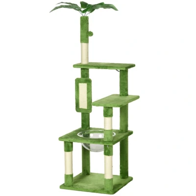 Image of PawHut 142cm Cat Tree for Indoor Cats, Tower with Scratching Posts, Scratch Board, Hammock, Toy Balls, Multi level Platforms, Green