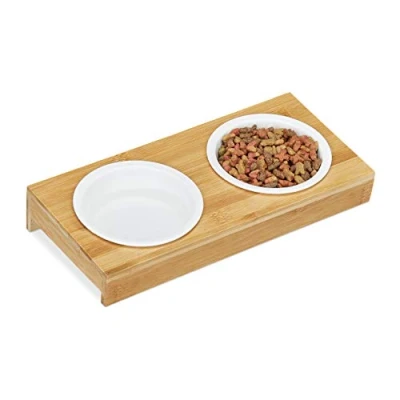Image of Relaxdays Pet Feeding Station, 2x Dog Bowls, Cat, Small Animals, Wood Stand, Ceramic each 200 ml, Natural/White