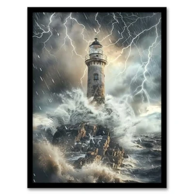 Image of Artery8 Lighthouse Thunderstorm Sea Crushing Waves Living Room Artwork Framed Wall Art Print A4