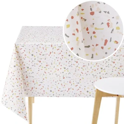 Image of KP HOME PVC Wipe Clean Tablecloth Rectangle Oilcloth 78 X 55 in 200 140 cm Terrazzo Pattern Plastic Table Cloth Wipeable Vinyl Oil Dinning Waterproof Cover Cream White