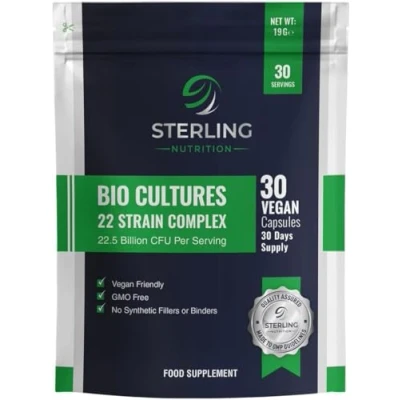 Image of Bio Cultures Probiotic Complex with 22.5 Billion CFU 22 Live Bacteria Strains 30 Super Strength Vegan Capsules Made in UK by Sterling Nutrition