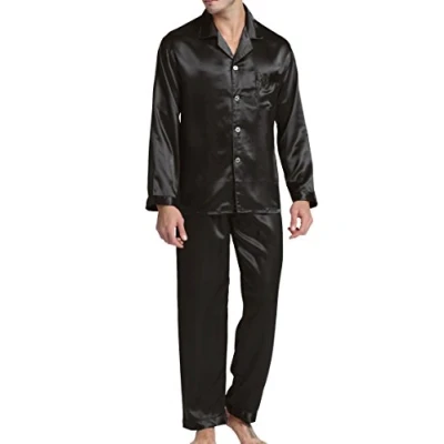 Image of Men’s Sleepwear Satin Pyjama Set Nightwear Loungewear (Black, Medium)