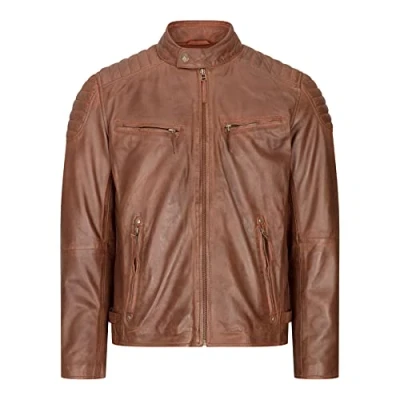 Image of TruClothing Mens Real Leather Biker Jacket Brown Grey Blue Casual Soft Light Car Coat Zipped Timber XL