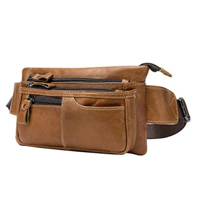 Image of Xieben Vintage Leather Fanny Waist Pack Bum Bag for Men Women Travel Hiking Running Hip Belt Slim Pouch Cell Phone Purse Wallet Light Brown
