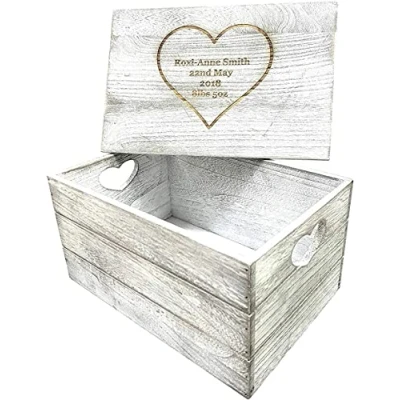 Image of Personalised Wooden Memory Box, Large Engraved Keepsake Box for Baby Gift, Wedding Heart Design Valentines Engagement Present Anniversary Memories Boy Girl Bride Hamper (30cm x 20 cm)