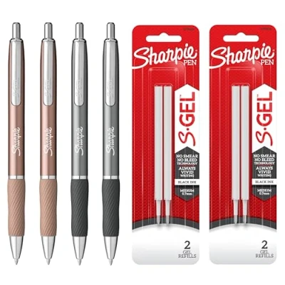 Image of Sharpie S Gel Pens Medium Point 0.7mm Black Ink Metal Barrel Steel Grey &amp; Rose Gold 4 Refills