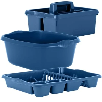 Image of KetoPlastics Navy Kitchen Set 3 Piece Large 14L Washing Up Bowl, Sink Organiser Caddy Tidy &amp; Dish Drainer For Made in UK