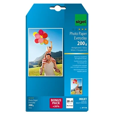 Image of SIGEL IP718 Everyday Photo Paper, InkJet, glossy, 200 gsm, 10 x 15 cm, 20 + 4 sheets for free