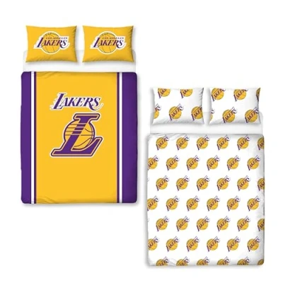 Image of NBA Official Double Duvet Cover Set, Los Angeles Lakers Design Reversible 2 Sided Bedding Basketball Merchandise Including Matching Pillow Cases Bed Set Polycotton