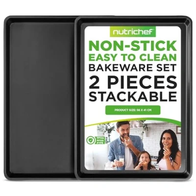 Image of NutriChef Nonstick Cookie Sheet Baking Pan 2PC Large Metal Oven Tray, Non Stick Bakeware, Stylish Metallic Black Coating, PFOA PFOS PTFE Free NCLGBP16