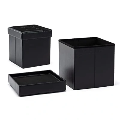 Image of HNNHOME Folding Storage Ottoman Footstool Box, Chest with Lid, Foldable Bench Seat for Living Room, Bedroom, Hallway (Black PU, 38 * 40)