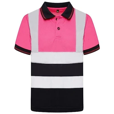 Image of DURUS WORKWEAR Kids Unisex Hi Vis Short Sleeve Polo Shirt Reflective Two Tone Safety Work Top Pink/Navy