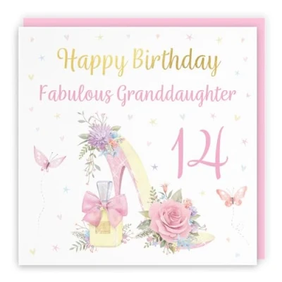 Image of Hunts England 14th Granddaughter High Heel And Perfume Birthday Card Luxury Gold Foil Milo&#039;s Gallery Age 14 Pretty For Fourteen