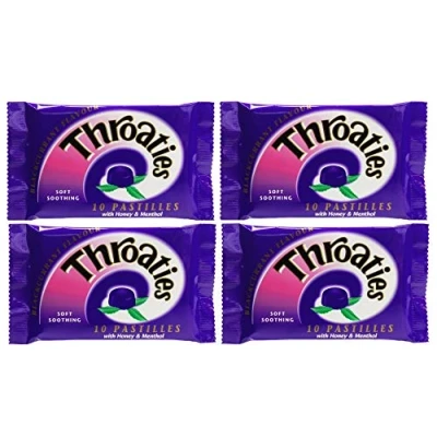 Image of Throaties Blackcurrant Flavour with Honey &amp; Menthol for Soft Soothing 10 Pastilles X 4