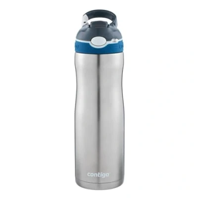 Image of Contigo Ashland Chill Autospout Water Bottle with Flip Straw, Stainless Steel Thermal Drinking Bottle,Leakproof,Grey, BLue, 590 ml