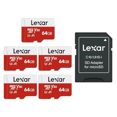 Image of Lexar Micro SD 64GB 5PK, Card up to 100MB/sec(R), MicroSDXC Memory with Adapter, A1, U3, C10, V30, Pack of 5