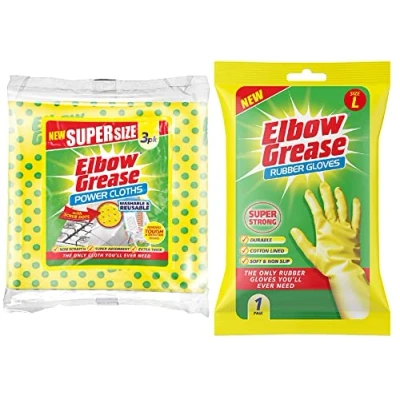 Image of Household Cleaning Power Cloths with Scrub Dots Washable Reusable Non Scratch Extra Thick Super Size Pack of 3 &amp; Rubber Gloves Cotton Lined Strong Soft and NonSlip Yellow Large