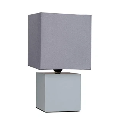Image of MiniSun Modern Grey Cube Design Touch Dimmer Bedside Table Lamp with a Fabric Light Shade