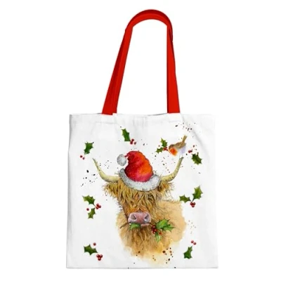 Image of Puckator Jan Pashley Christmas Highland Coo Reusable Zip Up Cotton Bag Canvas Tote Bags Eco Gifts for Women and Men Cloth Shopping Fabric Foldable