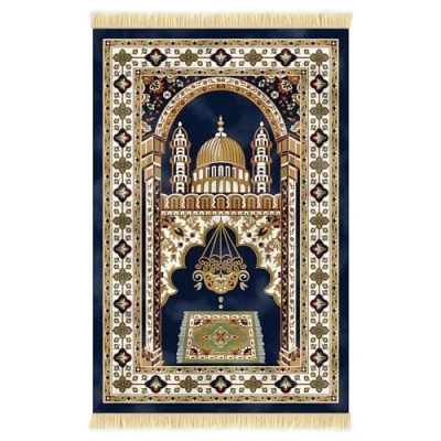 Image of Nicoman Muslim Prayer Rug with Elegant Design Janamaz Sajadah Soft Islamic Carpet Mat, Thick Velvet Fabric (Blue)