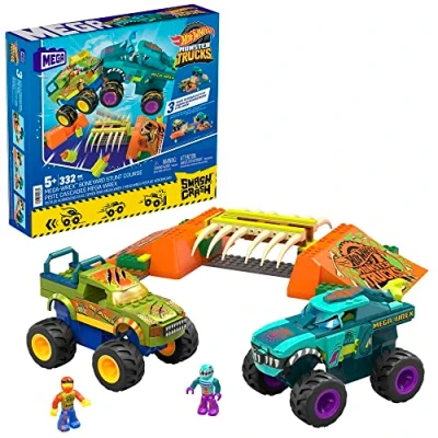 Image of Mega Hot Wheels Monster Trucks Building Toy, Smash &amp; Crash Wrex Boneyard Stunt Course with 332 Pieces, 2 Figures and Ramps, Kids Age 5+ Years, HKF89
