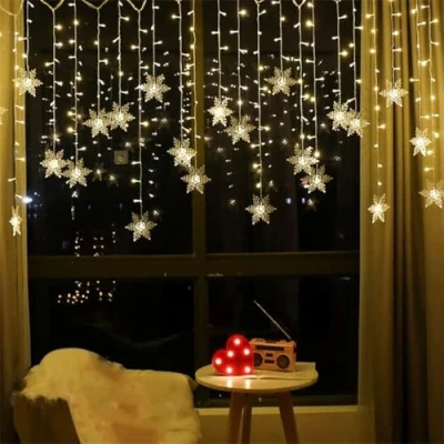 Image of ABIN Christmas LED Snowflake String Lights 3.5m Curtain Garland Wedding Decorations for Christmas, Wedding, Party, Home, Terrace, Ramadan, Lawn (Snowflake,Warm Light)