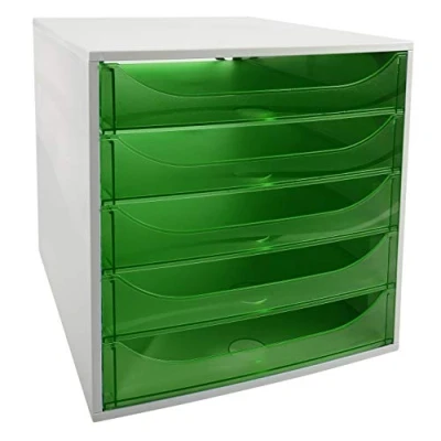 Image of Exacompta Ref 229697D Linicolor Ecobox+ Drawer Set 348 x 284 290mm in Size, Suitable for A4+ Documents, Safety Stop Feature, 5 Drawers Grey/Apple Green Transparent