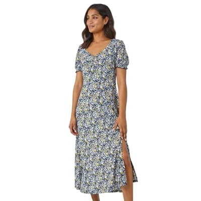 Image of Roman Womens Textured Floral Midi Navy Size 20 UK