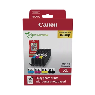 Image of Canon CLI 551 XL C M Y BK Pack of 4 cartridges (Black Cyan Magenta Yellow XL) Genuine (Recycled Cardboard Multipack)