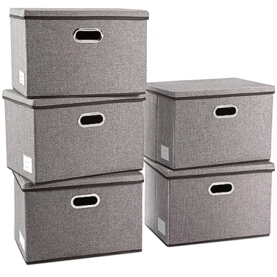 Image of PRANDOM Large Collapsible Storage Containers with Lids [5 Pack] Linen Fabric Foldable Bins Boxes Organizer Baskets Cube Cover for Home Bedroom Closet Office Nursery (17.7x11.8x11.8)