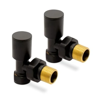 Image of Black Angled Modern Standard Rounded Radiator Towel Rail Valves Central Heating (Pair) 1/2&quot; BSP