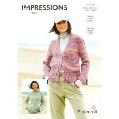 Image of Stylecraft Impressions Aran Knitting Pattern 10008 Ladies Sweaters
